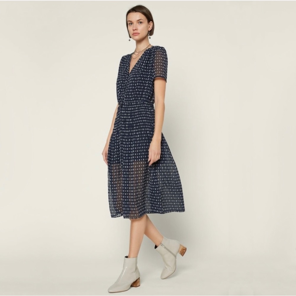 Anthro Current Air Short Sleeve Button Down Semi-Sheer Polka Dot MIDI Dress Sz L